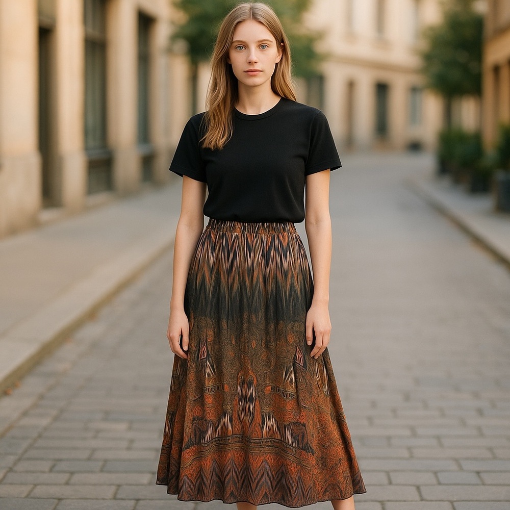 Siberian Bohemian Full Length Maxi Skirt M Zip Back Zig Zag Dual Side Tie‎ EU 40